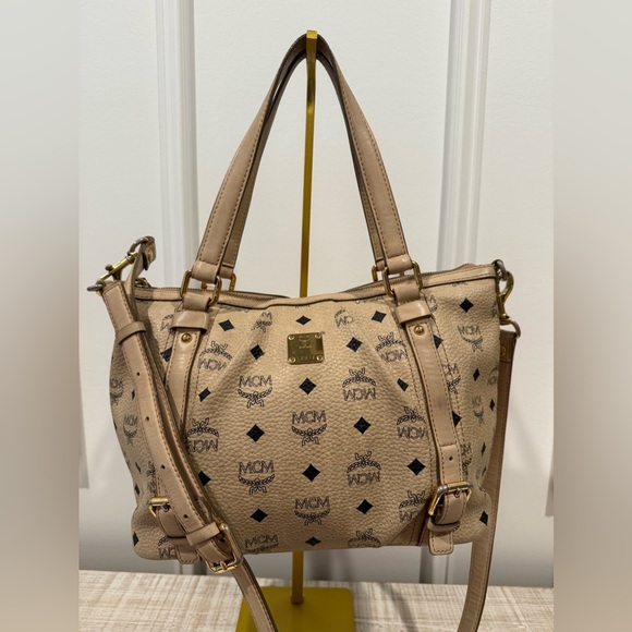 MCM Cream Beige & Black Visetos Leather 2-Way Shoulder Crossbody Bag - Picture 1 of 12